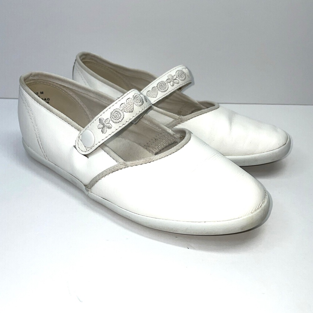 Girls' White Leather Mary Jane Keds Shoes W/ Embroidered Flowers– Size 13 Youth